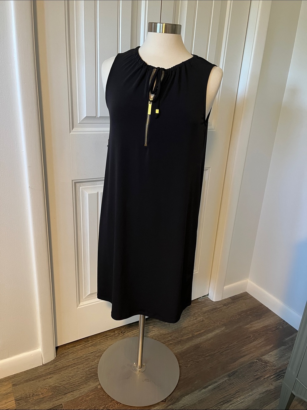 Michael Kors Black Sleeveless Mini Dress with Gold Zip Accent